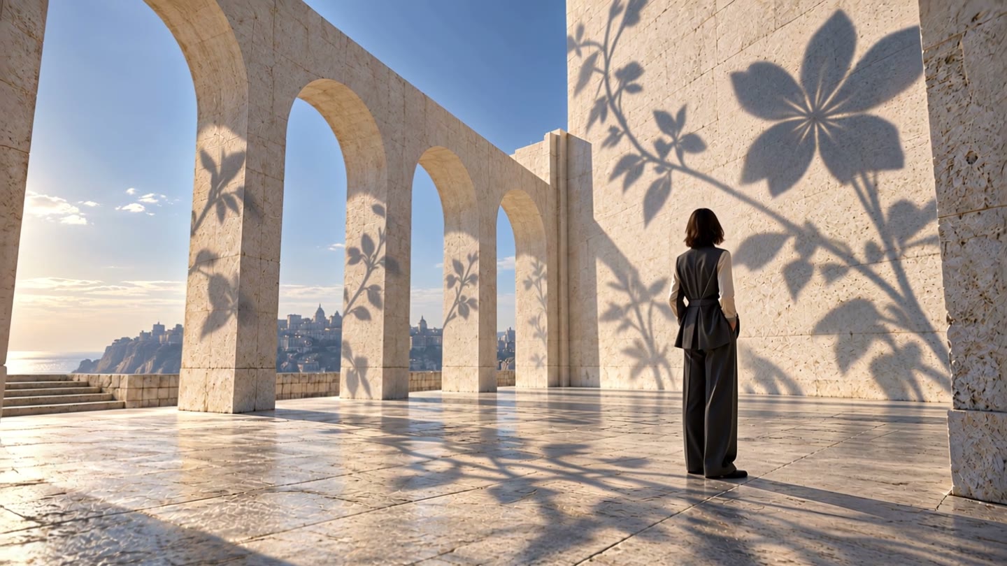 Flower shadows grow across the colonnade