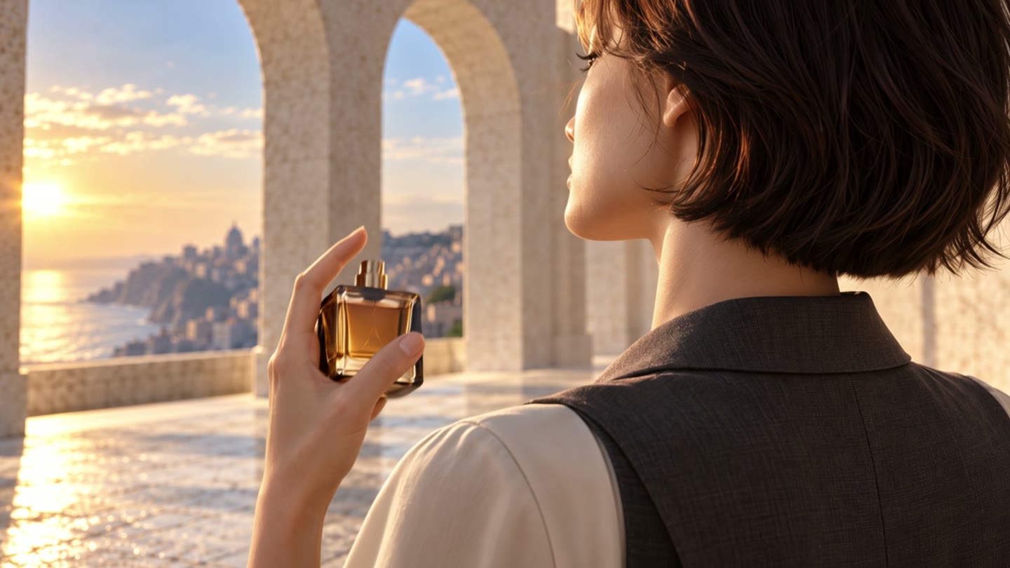 A fragrance spray in warm stone light